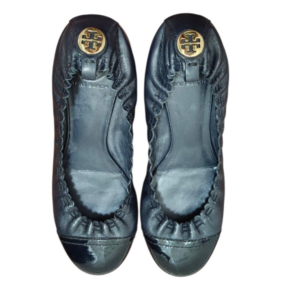 Tory Burch Black Abbey Mestico/Patent Flats dark blue Leather Women's Size 7.5 - Picture 5 of 11